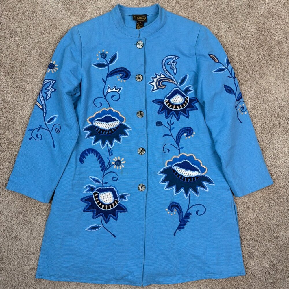 Vintage Allure Jacket Womens M Blue Embroidered Art To Wear Artsy Lagenlook Long